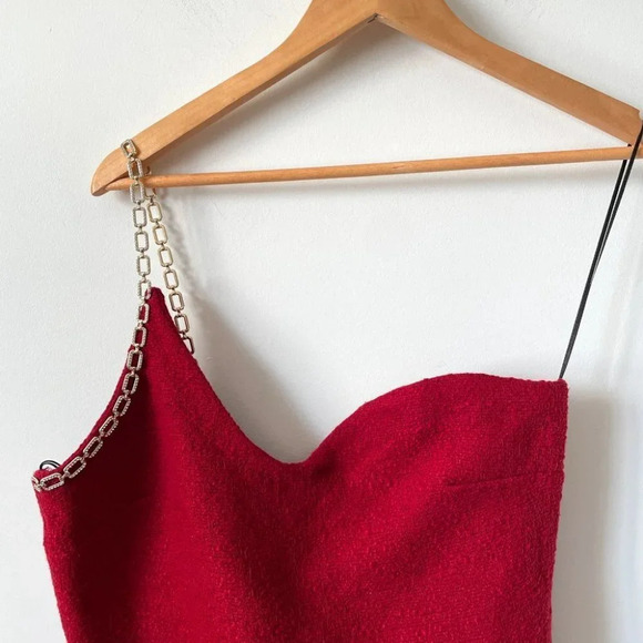 Zara Chain Trim  Asymmetric Mini Dress Red Tweed Blogger Fave Size Large NWT - Picture 11 of 16